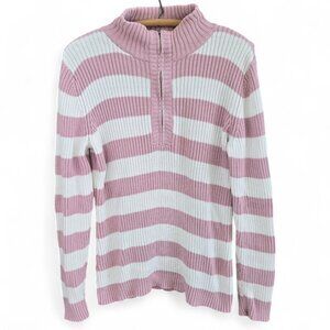 Liz Claiborne Pink & White Striped Ribbed Cotton Half-Zip Sweater Womens Large